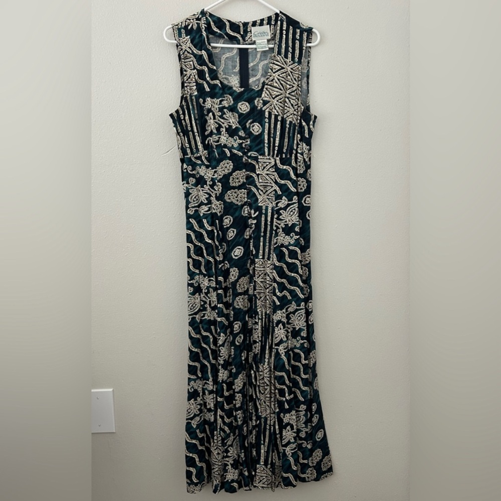 VTG Cristin Stevens Layered Button Front Maxi Dress M Hawaiian Batik 90s Beach